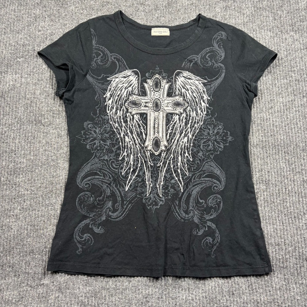 Vintage California Girlz Shirt Womens M Black Winged Cross Grunge Y2K Gothic